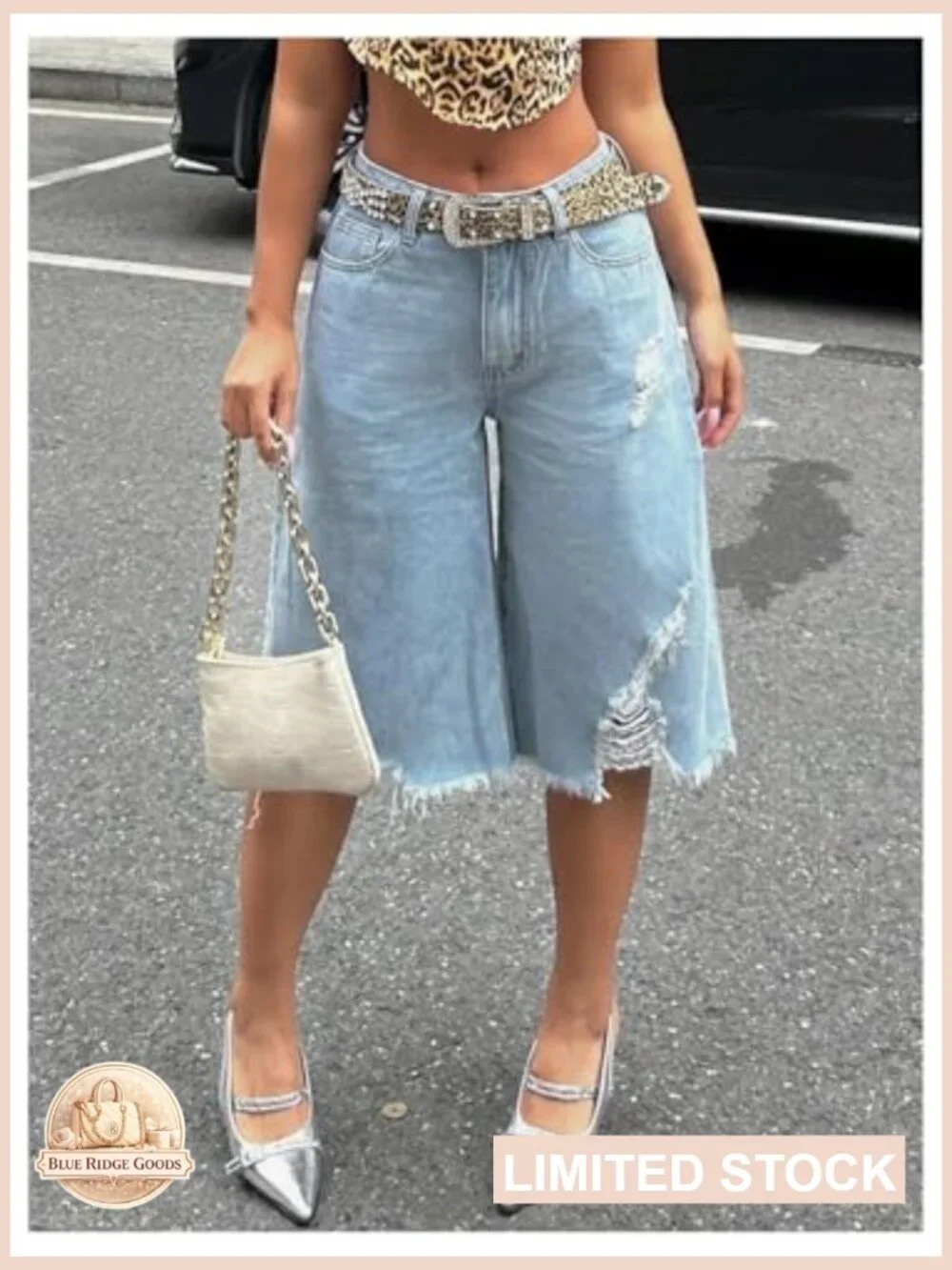 Wide Leg Baggy Cropped Denim Shorts Y2K Ripped Raw Hem High Rise Streetwear